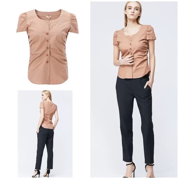 EUC Ports Ruched Sleeves Collars Brown Tan Button-down Cotton Blouse Size 8​​​​ - Picture 1 of 9